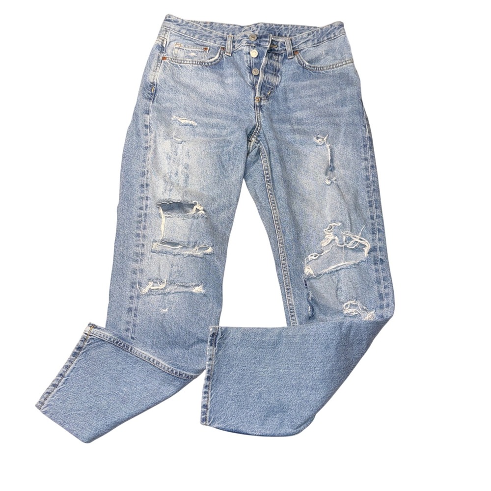 &Denim H&M Boyfriend Jeans 26 Blue Distressed Low Waist Button Fly Straight Leg